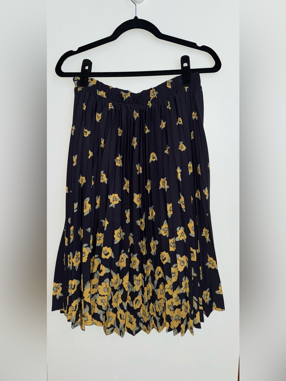 Pleated Navy & Gold Floral Midi Skirt
